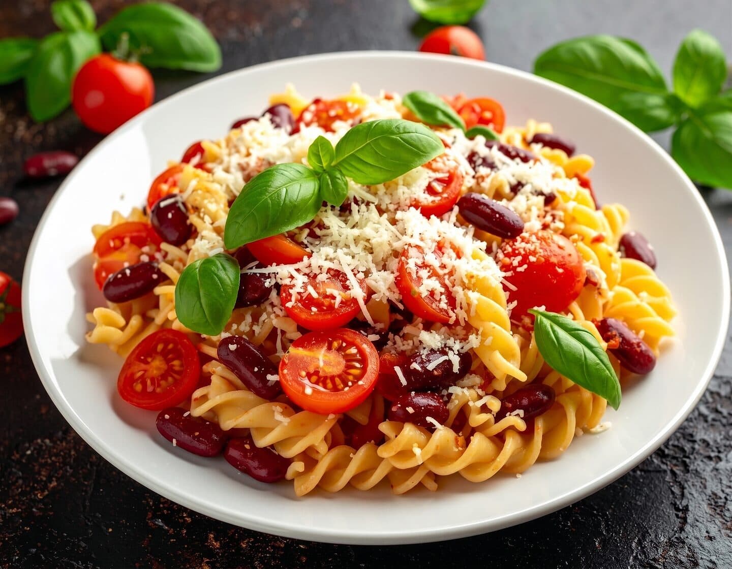 Insalata di pasta, pomodoro, basilico e fagioli